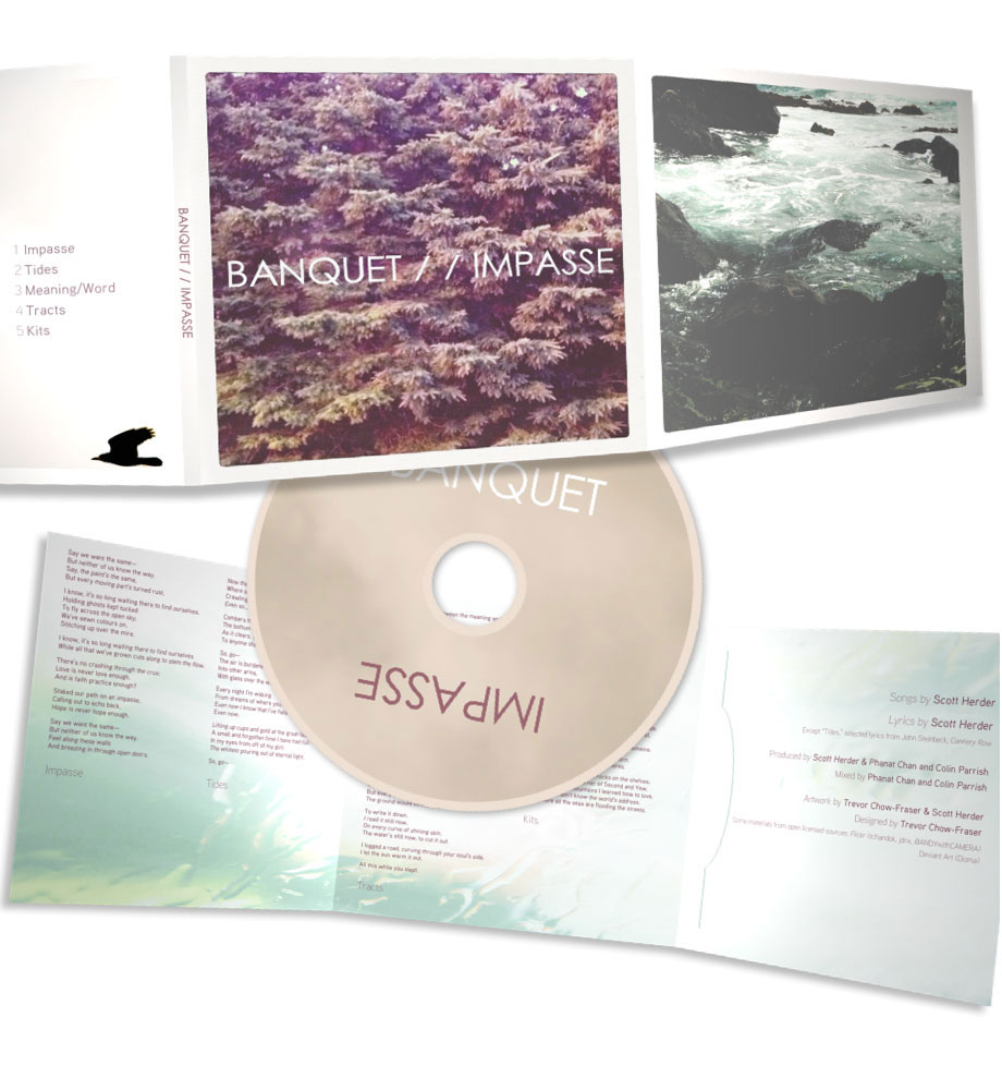 Outside jacket features triptych, moving from sky (a bird in flight), to land (evergreen trees) to sea (waves and black rocks). Inner jacket features lyrics and liner notes on a background of light and water.