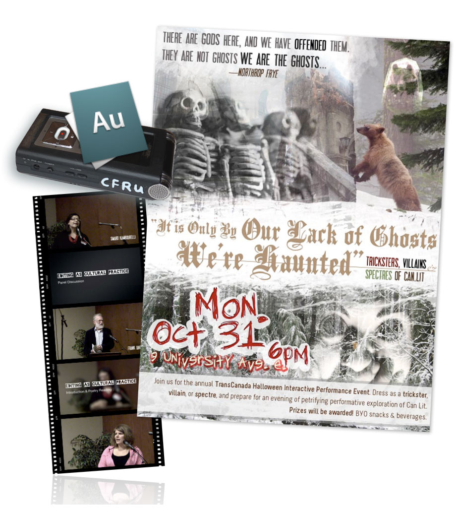 Full colour poster for Hallowe'en event evokes the theme 'Tricksters, Villains & Spectres of CanLit.' Film strip captures some frames from recording of 'Editing as Cultural Practice' colloquium. Audio recorder used to record lectures.