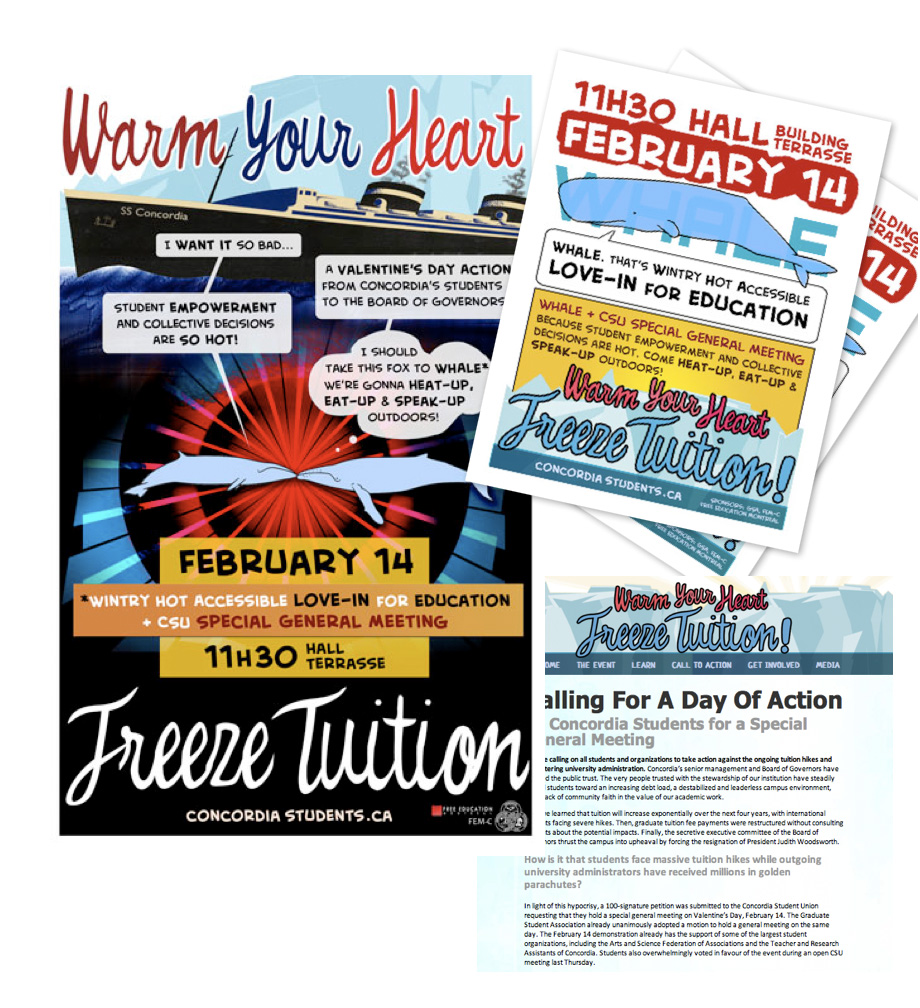 Promotional materials for the Wintry Hot Accessible Love-in for Education, or WHALE for short. Large format poster features comic-book style dialogue between two amorous whales; something of a Canadian Pacific art deco theme. Full colour flyers remix poster elements and focus on the important details. Website is hand-coded and light on the graphics.