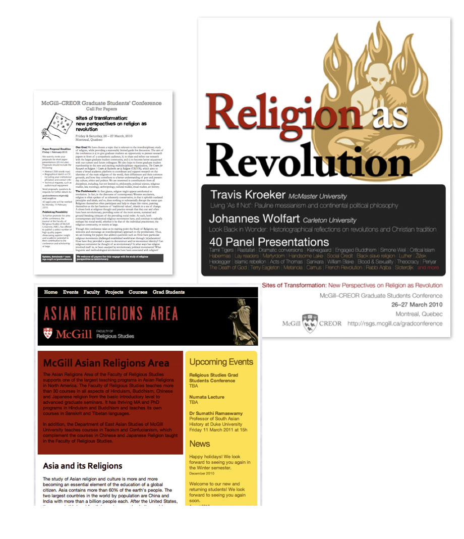 Well formatted 'call for papers' with sidebars and typography. Large format poster for 'Religion as Revolution' conference using red, black and gold colour scheme. ARA Website design also uses red, black and gold.