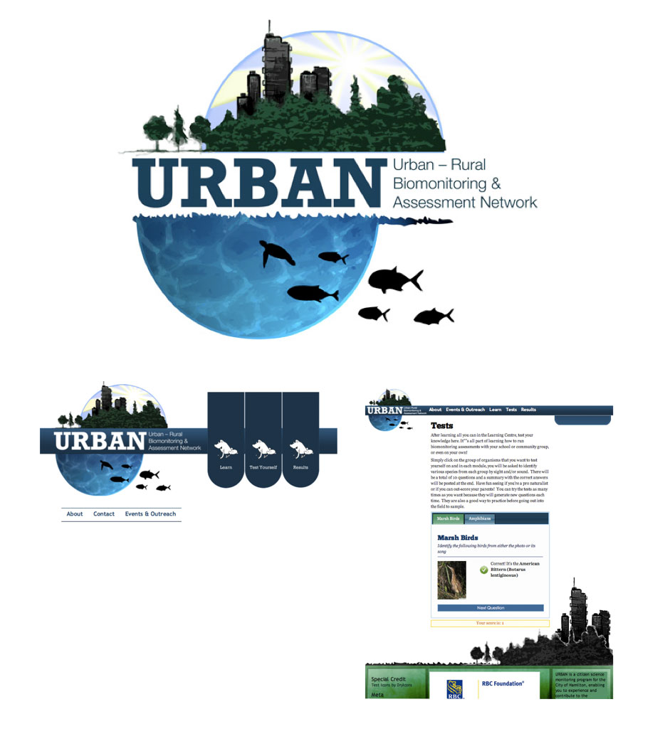 Logo for the 'Urban-Rural Biomonitoring & Assessment Network' features water, silhouettes of aquatic wildlife, and buildings rising out of an urban forest. Website design makes use of logo elements, rich blues and greens.